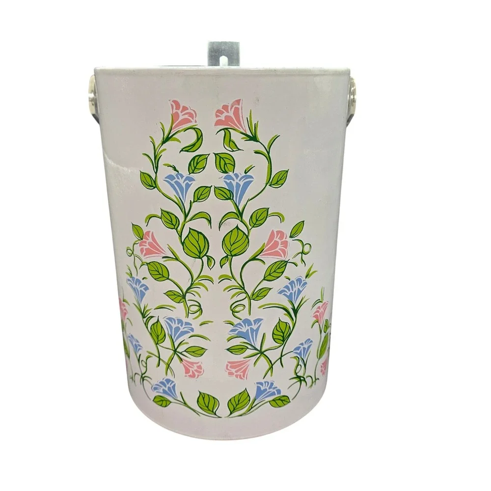 Vintage 1960s Ice Bucket White‎ Enamel Floral Lucite Handle MCM Barware