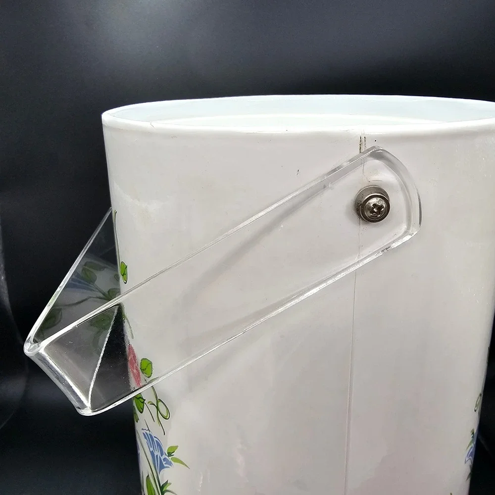 Vintage 1960s Ice Bucket White‎ Enamel Floral Lucite Handle MCM Barware