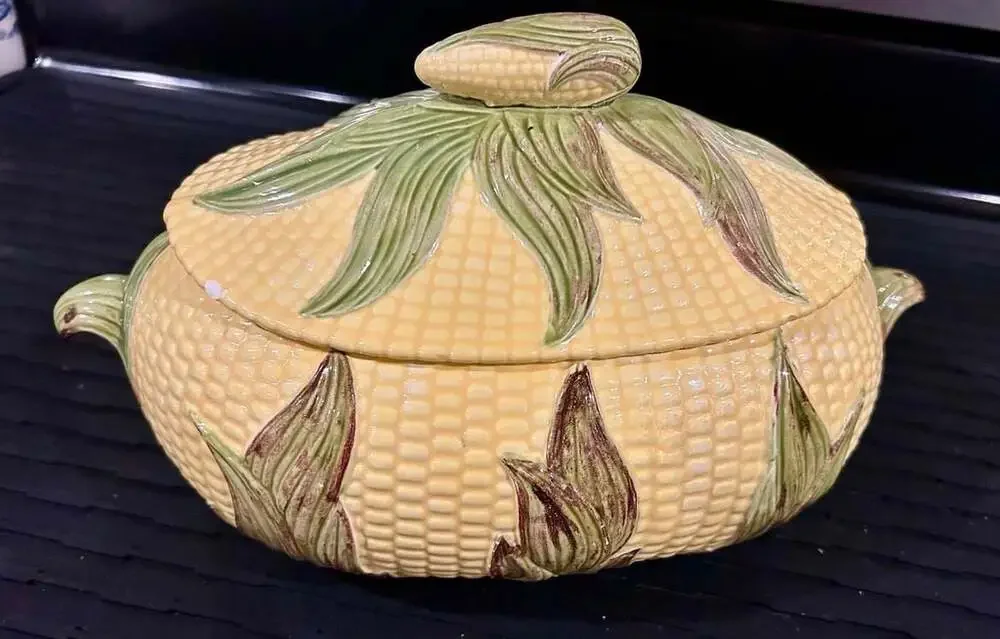 Vintage Hand Painted Ceramic Corn Tureen with Lid by Jean B 1980
