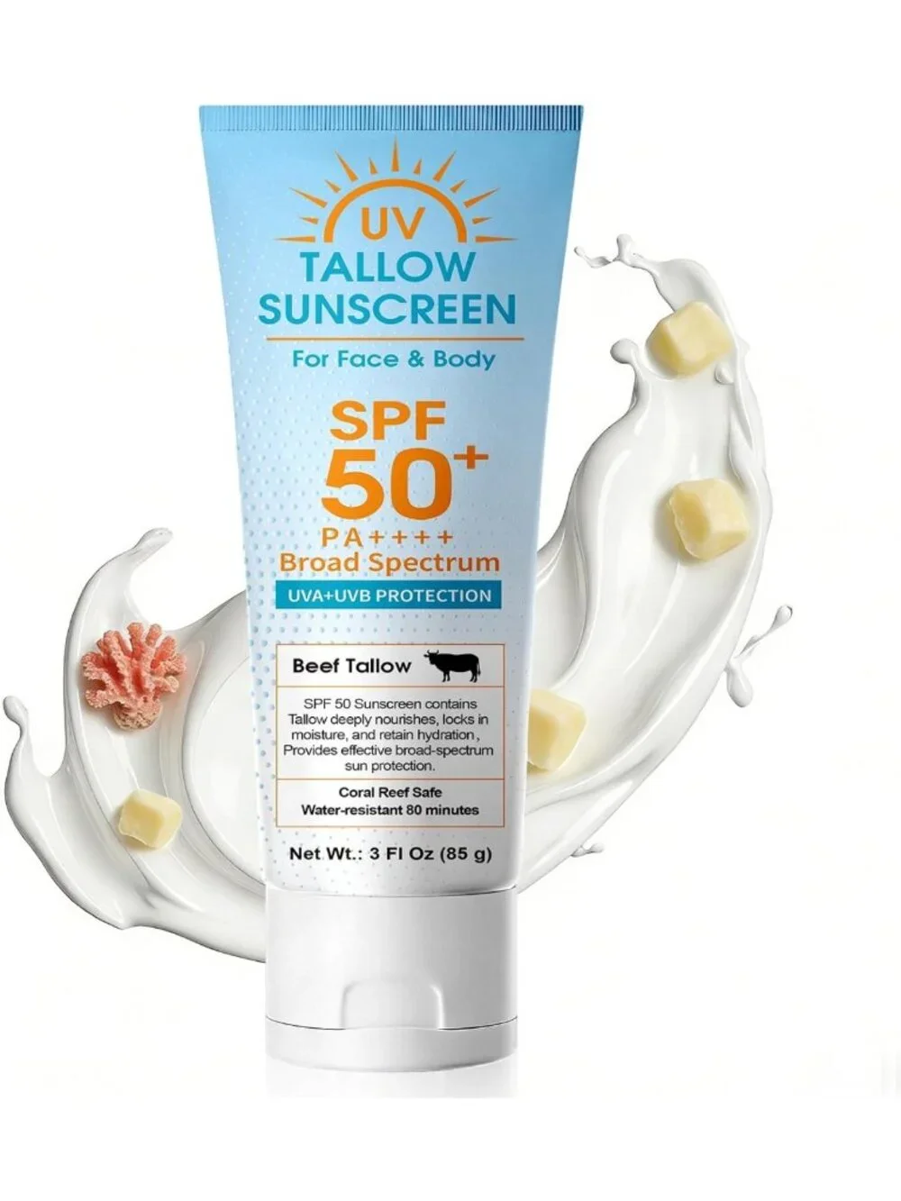 Beef Tallow SPF 50 Sunscreen, Mineral Lotion, No White Cast, Water-Resistant