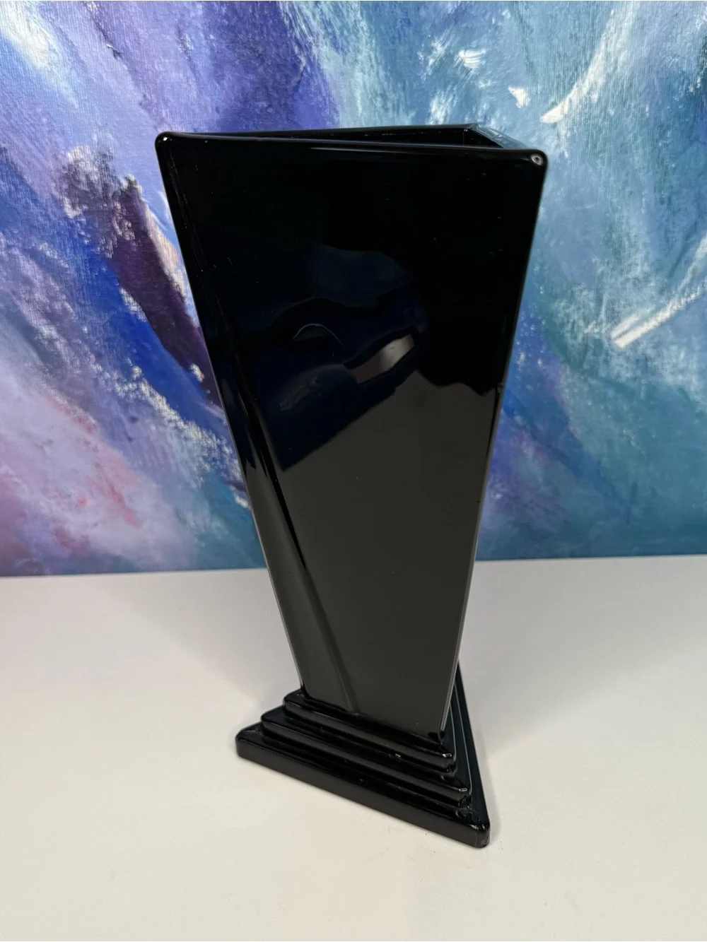 New Martinsville Black Glass Vase Triangular Triangle Art Deco Antique Vintage