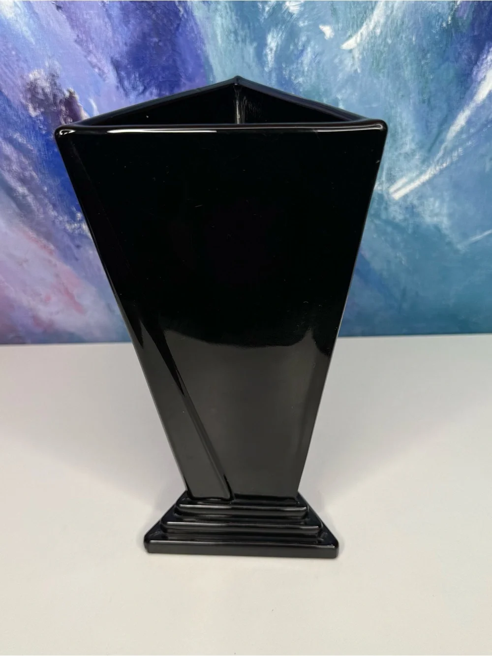 New Martinsville Black Glass Vase Triangular Triangle Art Deco Antique Vintage