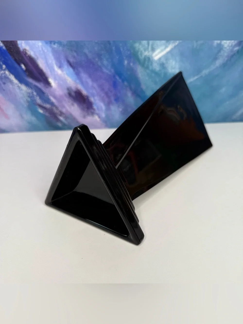 New Martinsville Black Glass Vase Triangular Triangle Art Deco Antique Vintage