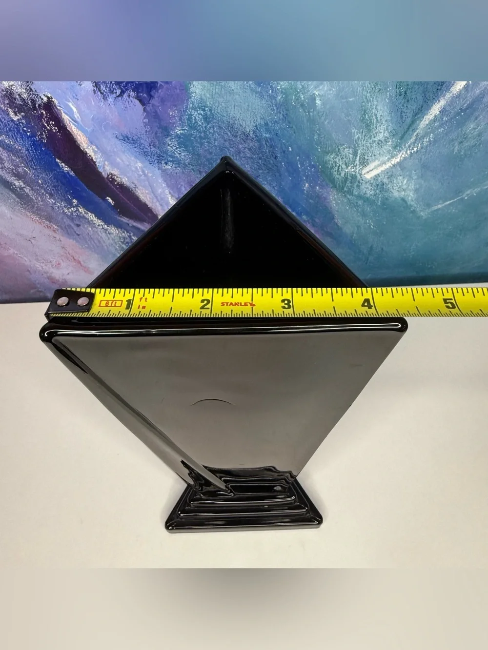 New Martinsville Black Glass Vase Triangular Triangle Art Deco Antique Vintage