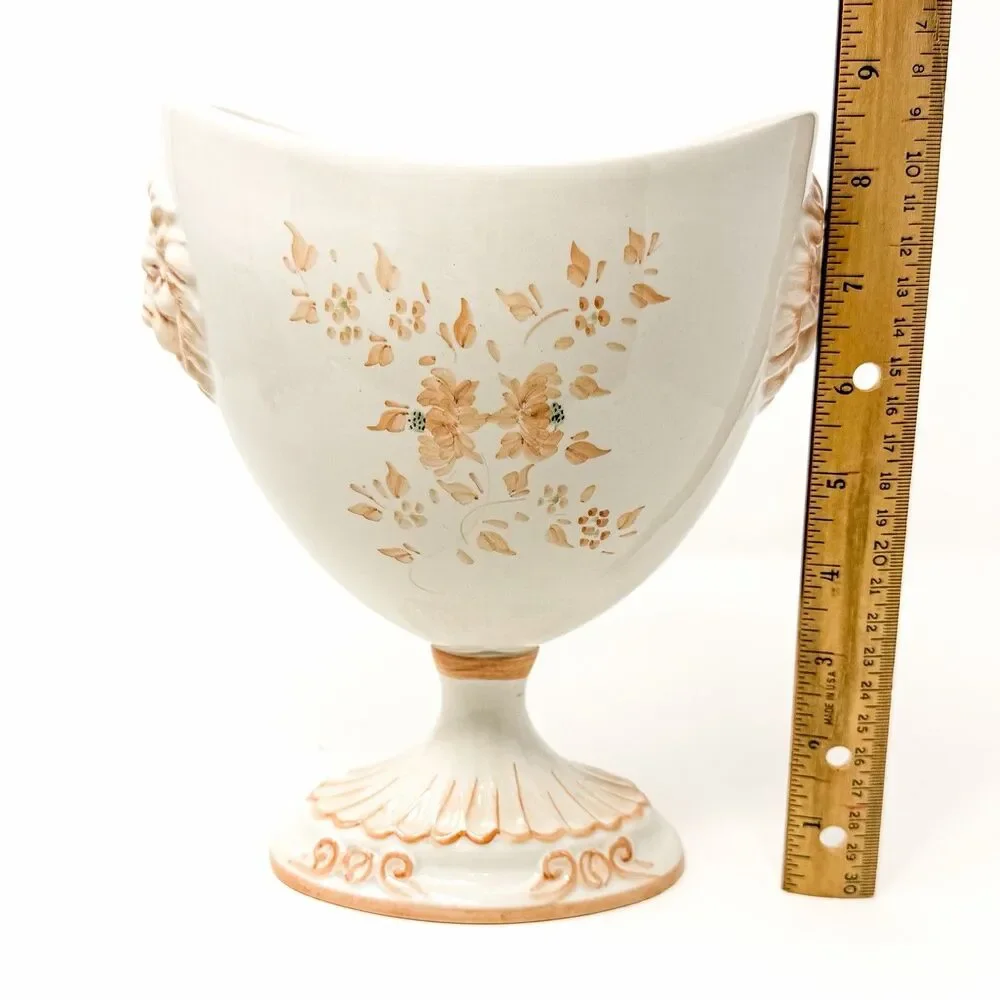 Vintage Nora Fenton Italy Lion Mask Pedestal Urn Vase Hand Painted Floral 8.5”