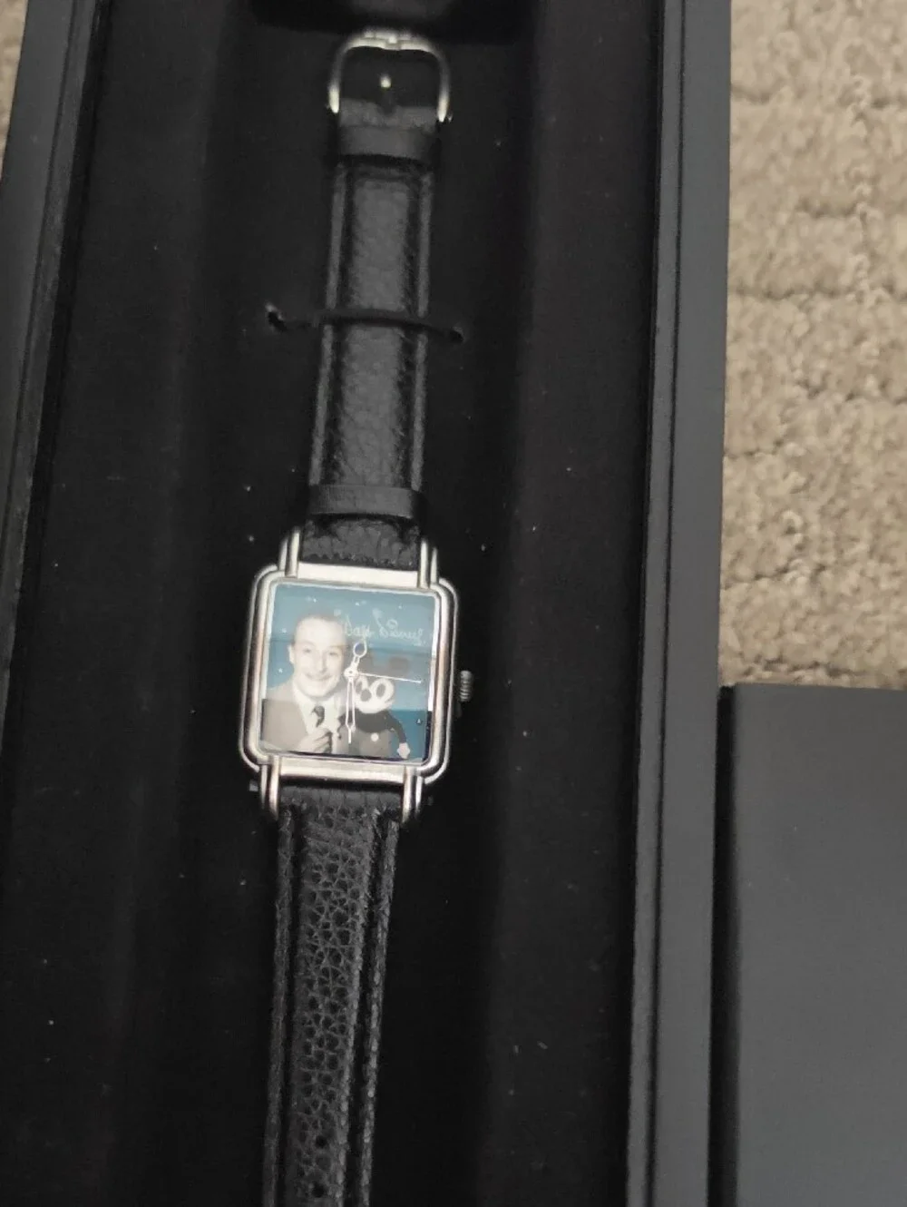 Black Leather Strap Square-Face Wristwatch