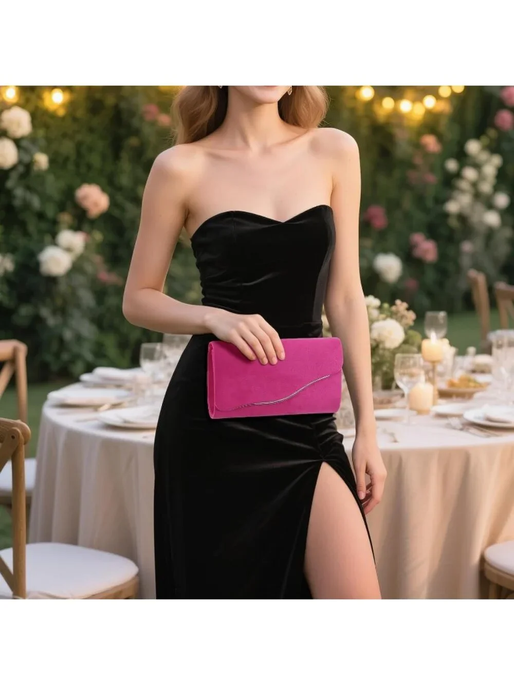 Women’s Rose Red Formal Clutch Purse Elegant Evening Bag Detachable Chain Strap
