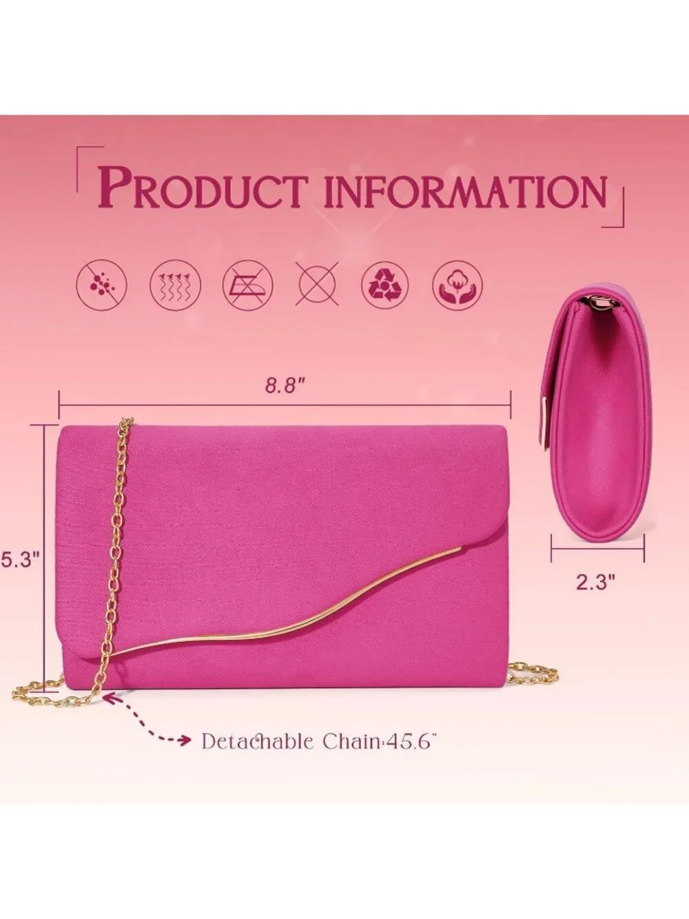 Women’s Rose Red Formal Clutch Purse Elegant Evening Bag Detachable Chain Strap