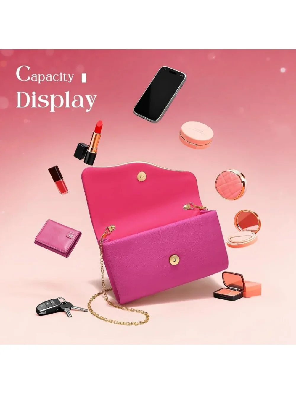 Women’s Rose Red Formal Clutch Purse Elegant Evening Bag Detachable Chain Strap