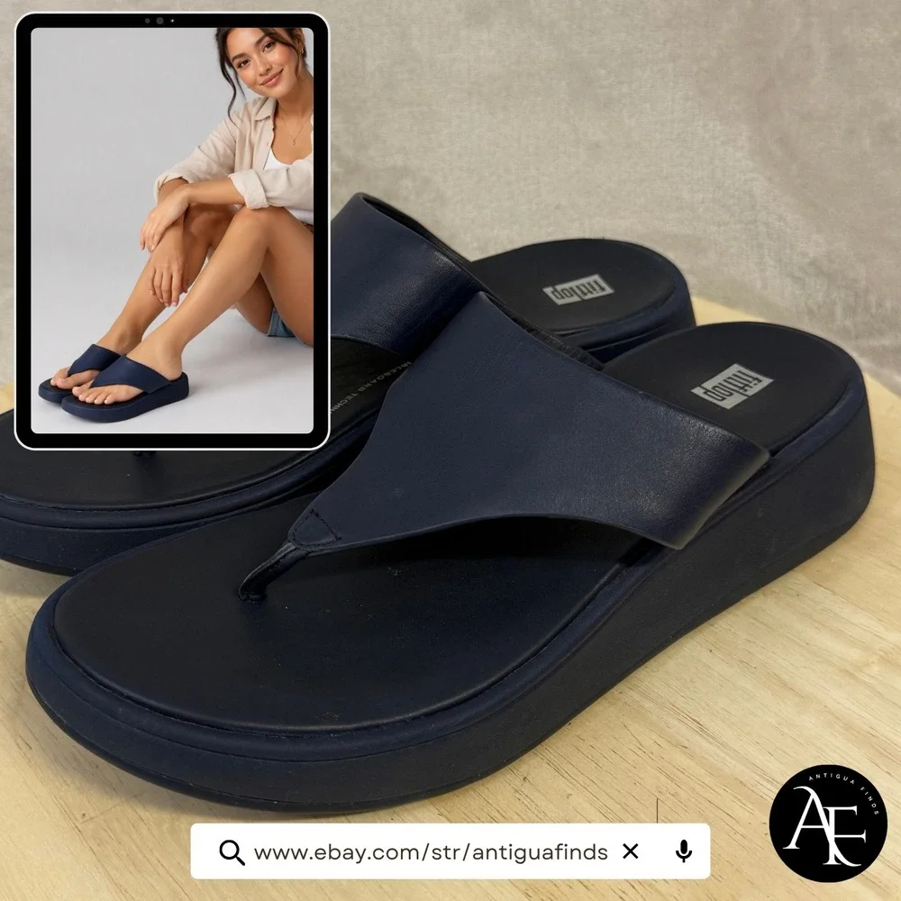 FitFlop Lulu Navy Leather Wedge Sandals Thong Platform FW4-399 Womens 9