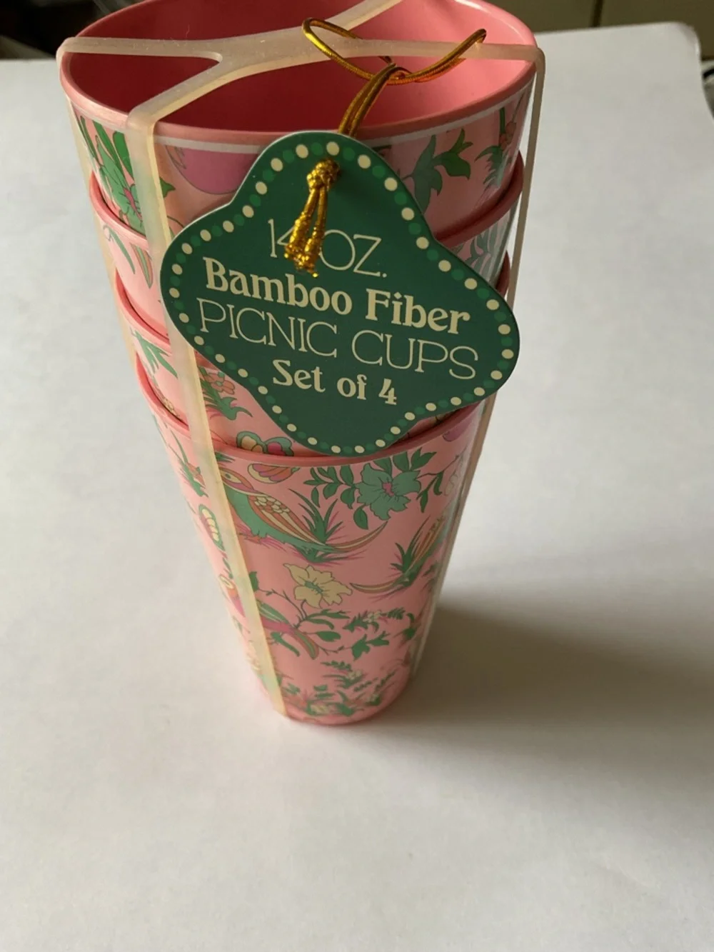 MELWOOD BY TMD BAMBOO FIBER SET OF 4 PICNIC CUPS 14oz PINK GREEN NWT