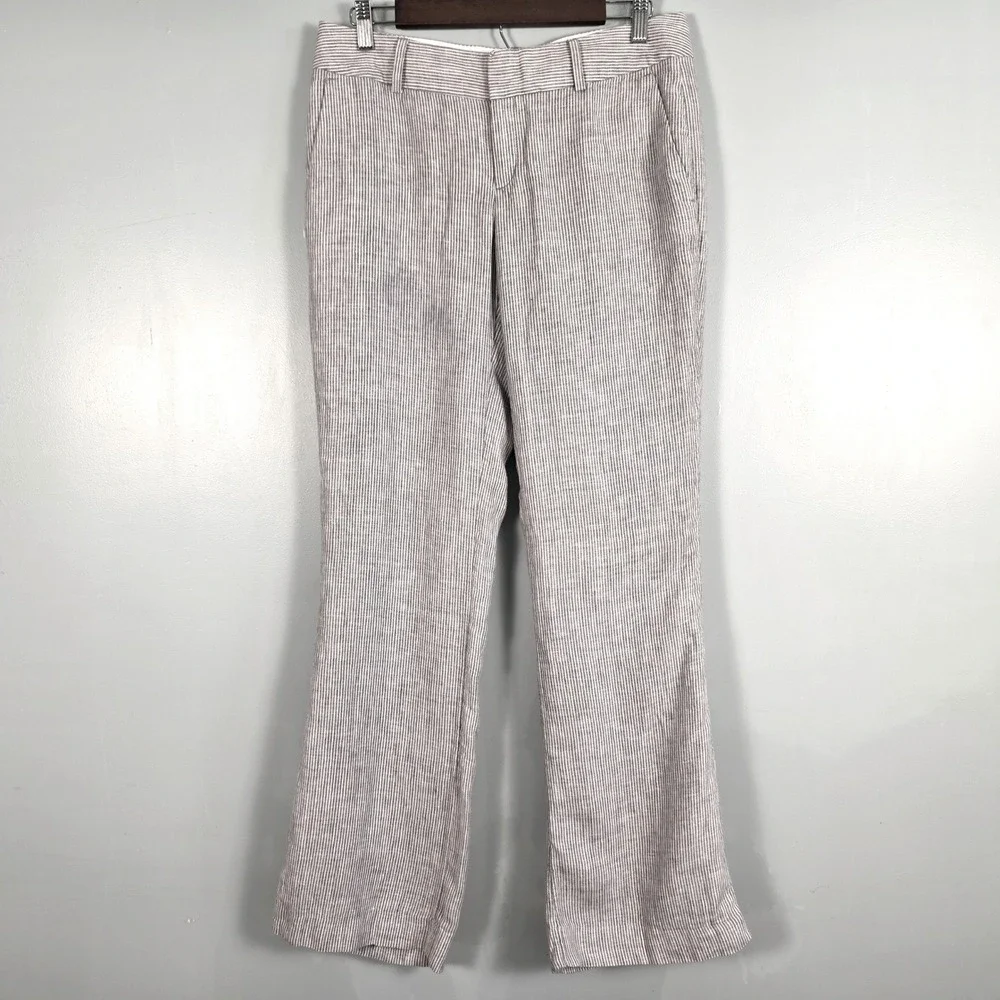 Banana Republic Martin Fit Linen Pinstripe Pants Women 8 Grey White Straight Leg