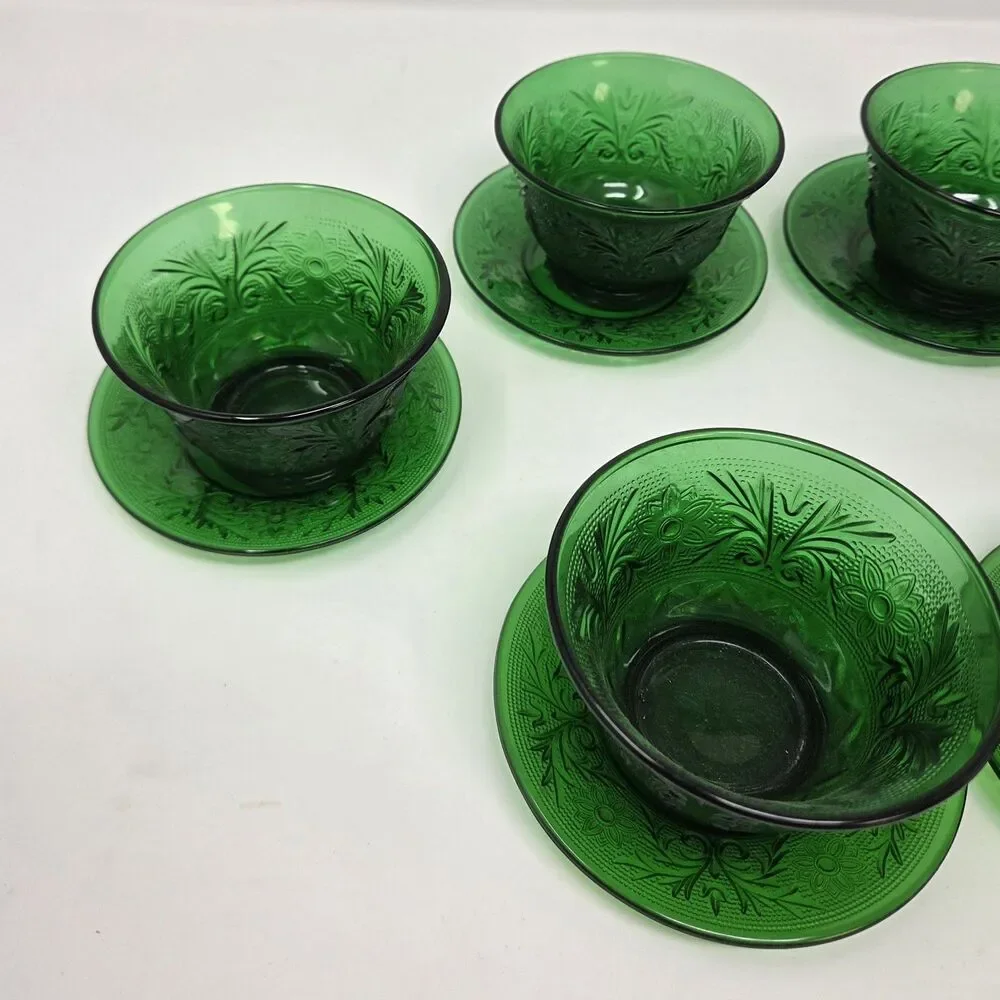 6 Vintage Anchor Hocking Forest Green Sandwich Custard Cups Set And Saucer‎ Set
