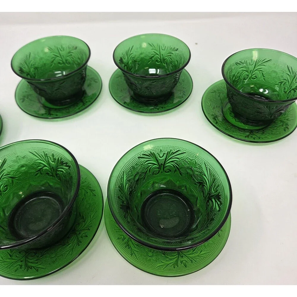 6 Vintage Anchor Hocking Forest Green Sandwich Custard Cups Set And Saucer‎ Set