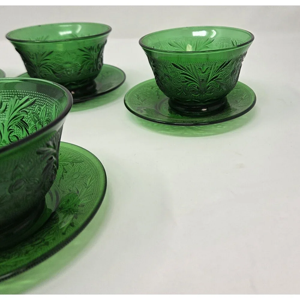 6 Vintage Anchor Hocking Forest Green Sandwich Custard Cups Set And Saucer‎ Set