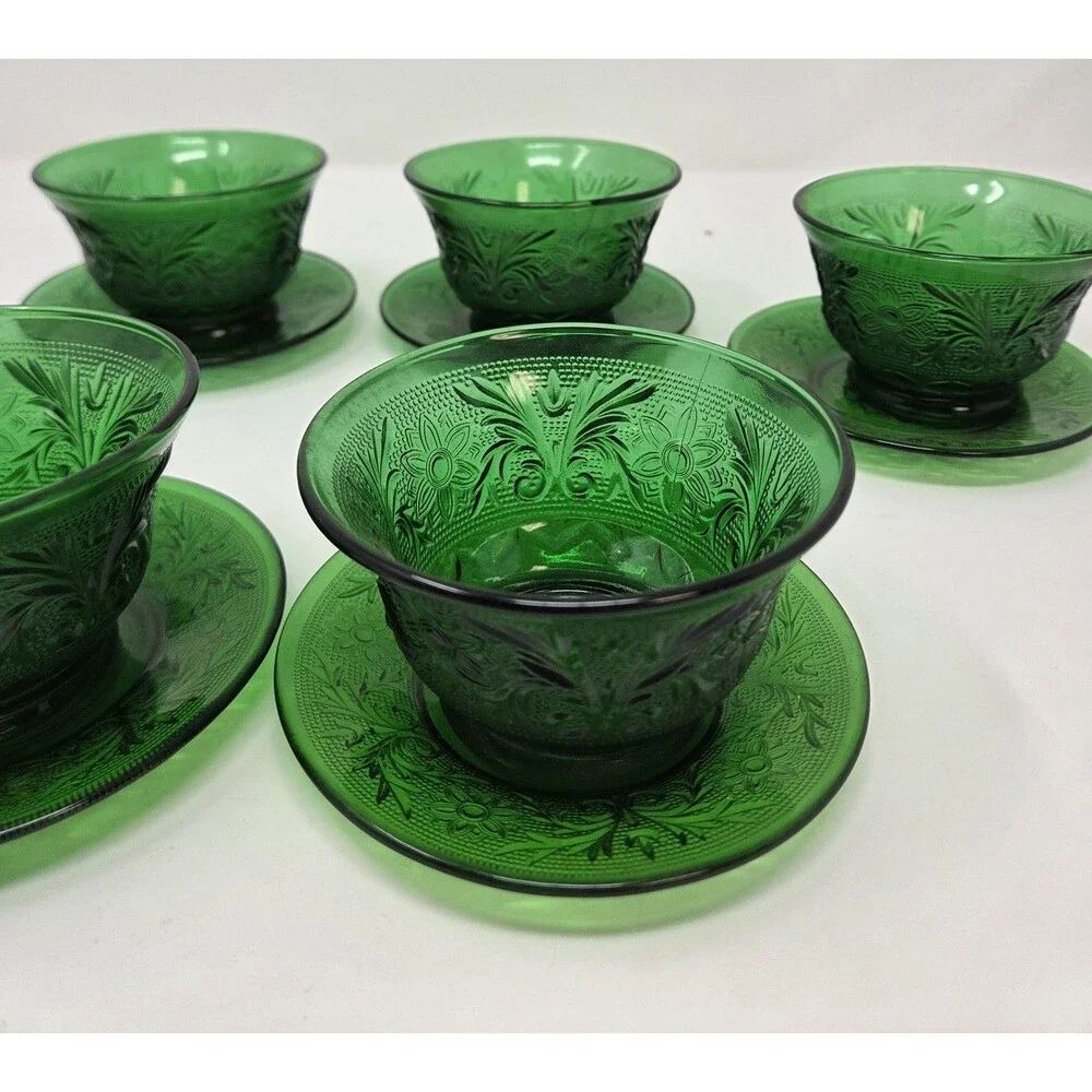 6 Vintage Anchor Hocking Forest Green Sandwich Custard Cups Set And Saucer‎ Set