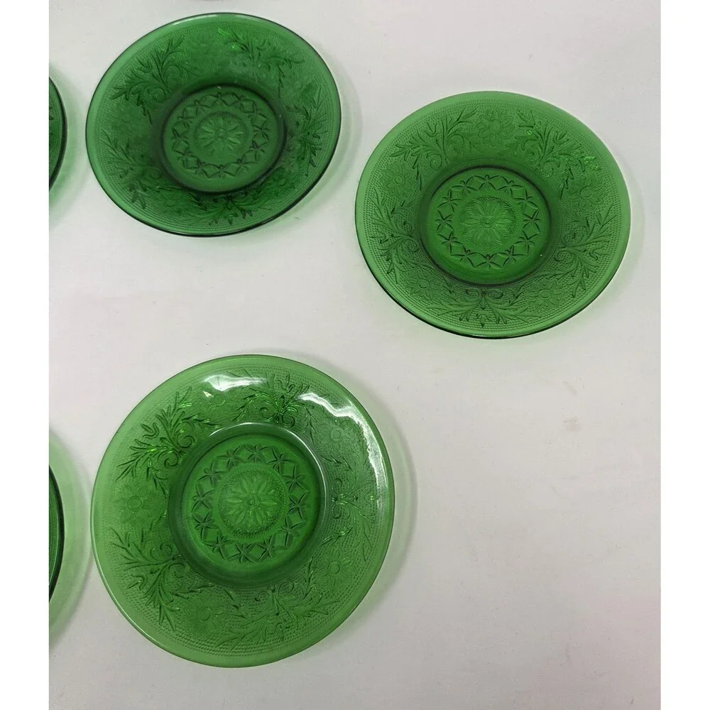 6 Vintage Anchor Hocking Forest Green Sandwich Custard Cups Set And Saucer‎ Set