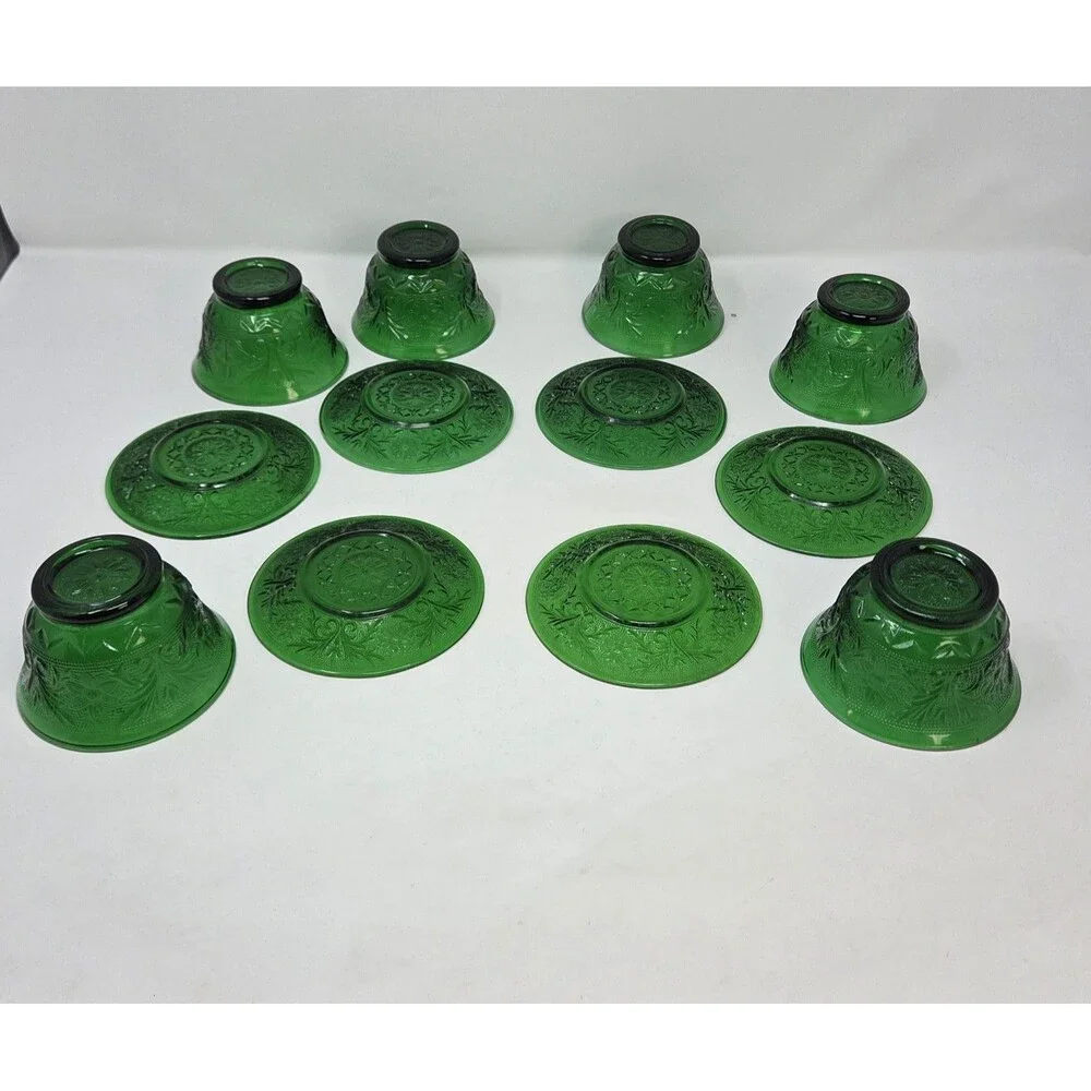 6 Vintage Anchor Hocking Forest Green Sandwich Custard Cups Set And Saucer‎ Set