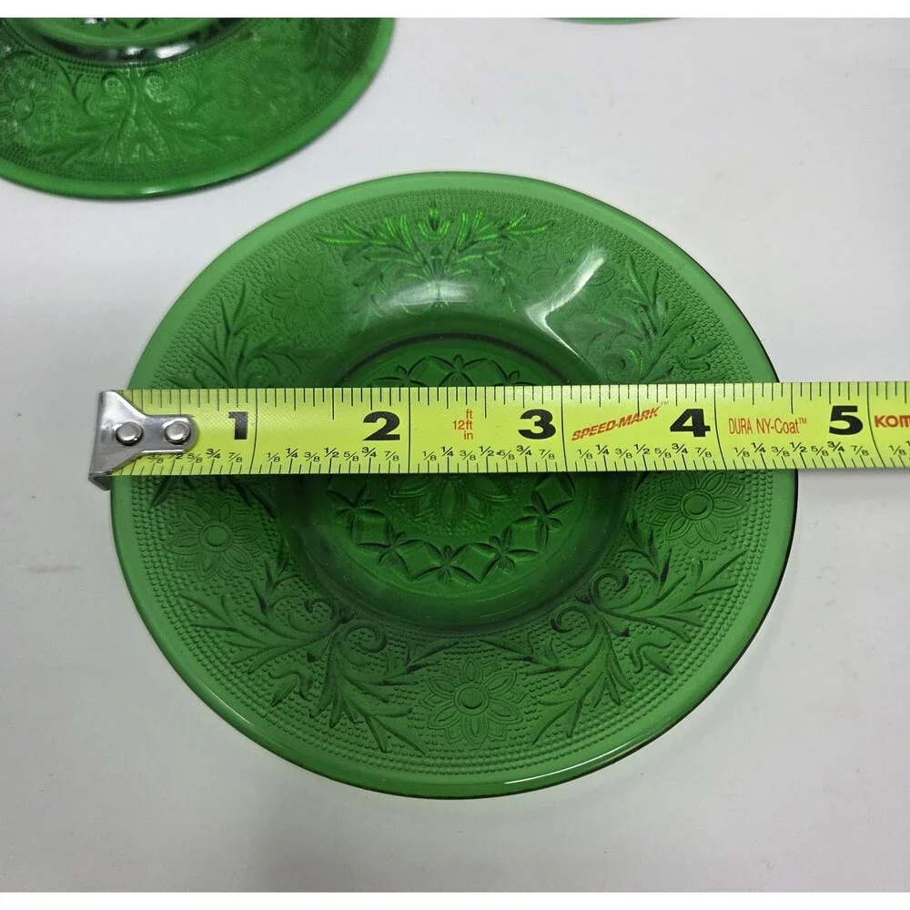 6 Vintage Anchor Hocking Forest Green Sandwich Custard Cups Set And Saucer‎ Set
