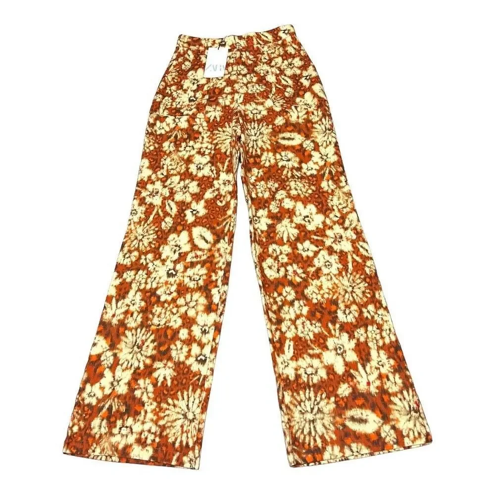 Zara‎ Floral Wide Leg High Rise Boho Linen Blend Pants