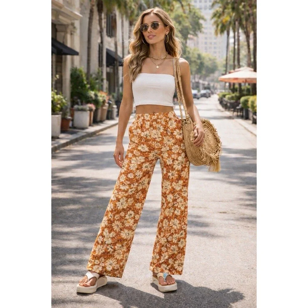 Zara‎ Floral Wide Leg High Rise Boho Linen Blend Pants