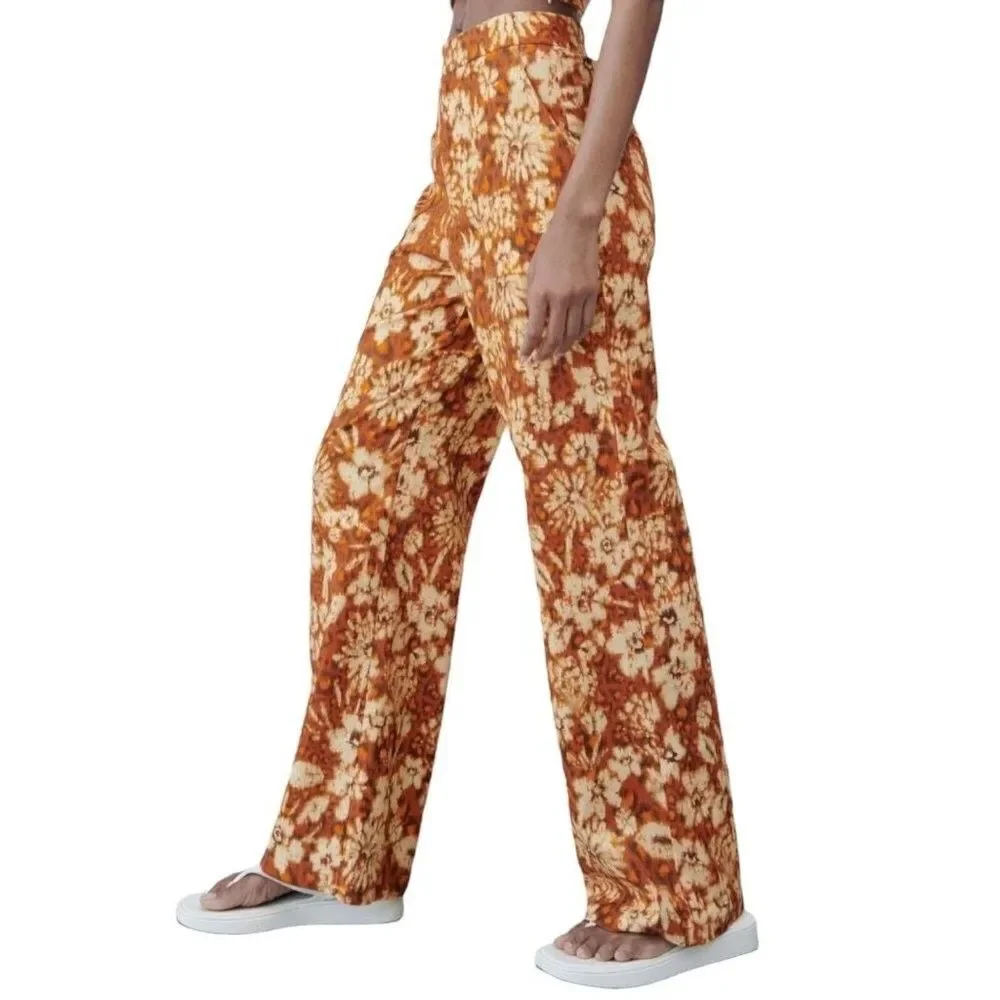 Zara‎ Floral Wide Leg High Rise Boho Linen Blend Pants