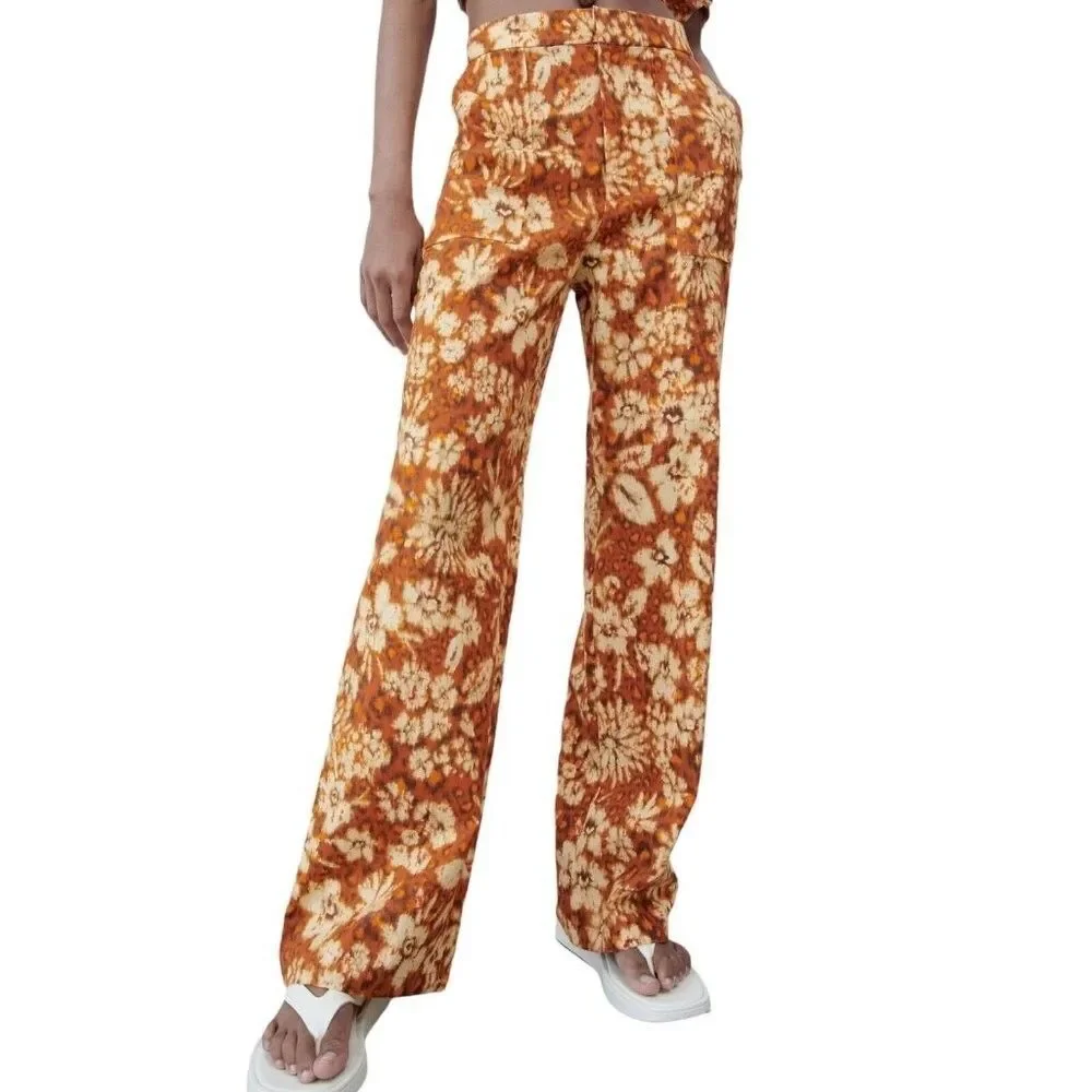 Zara‎ Floral Wide Leg High Rise Boho Linen Blend Pants