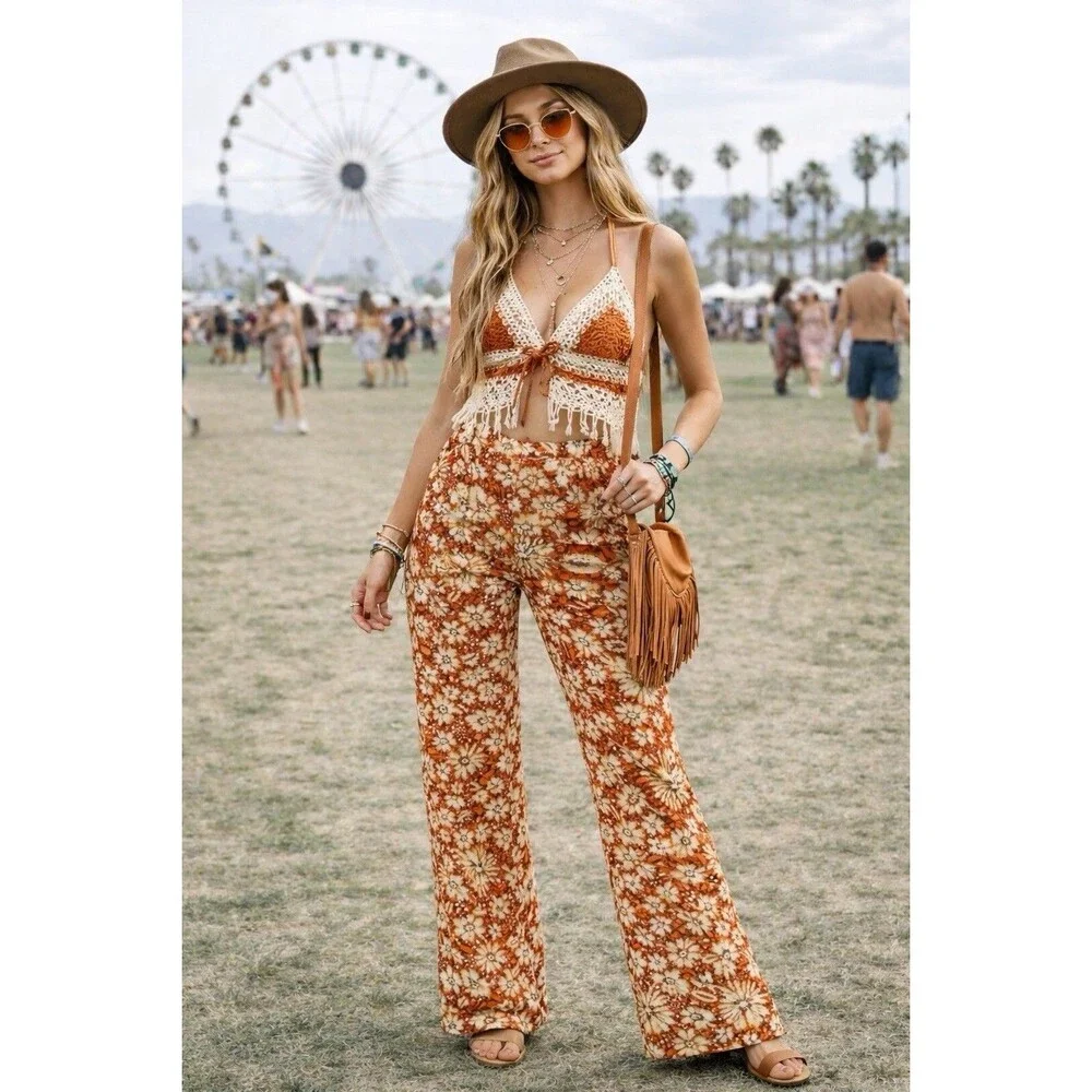 Zara‎ Floral Wide Leg High Rise Boho Linen Blend Pants