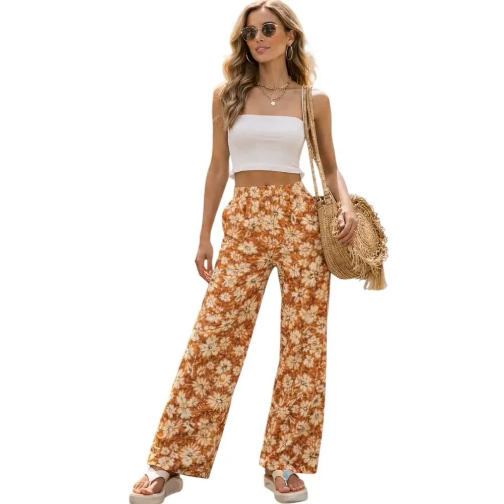 Zara‎ Floral Wide Leg High Rise Boho Linen Blend Pants