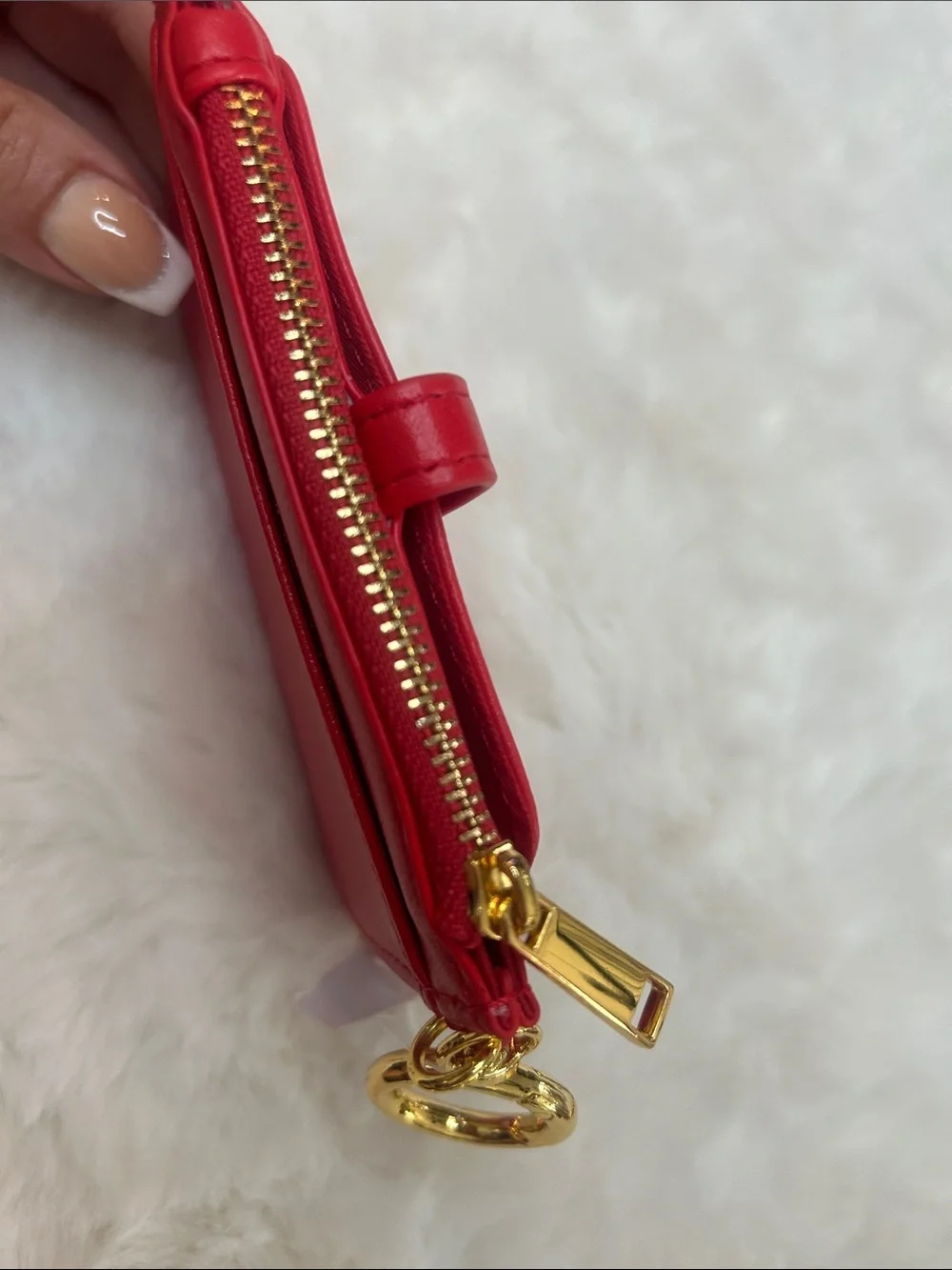 Red Leather Card Wallet Keyring with Gold Hardware