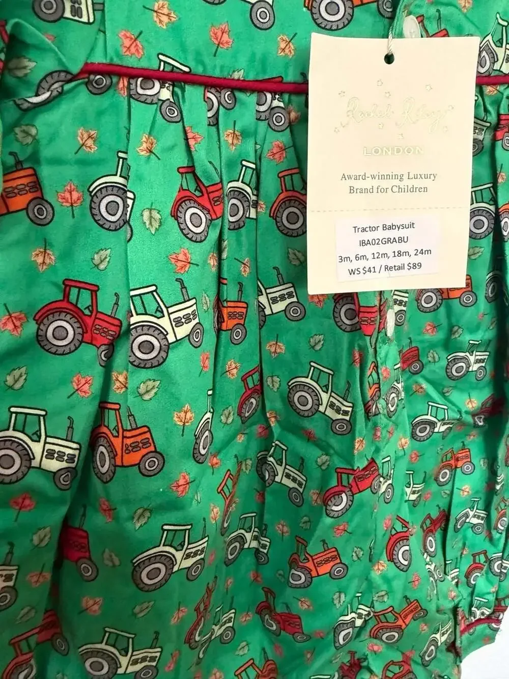 Rachel Riley London Tractor Babysuit Green 6M