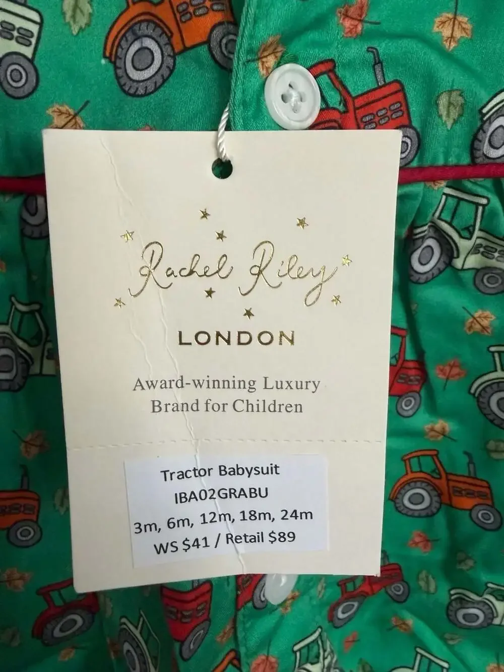 Rachel Riley London Tractor Babysuit Green 6M