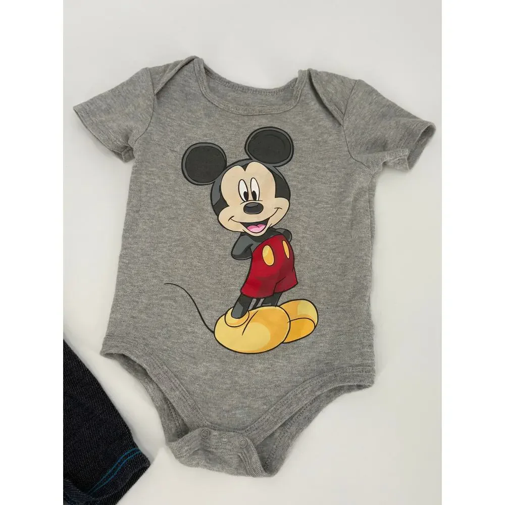 Baby Boy 18M Romper Lot Disney Mickey Mouse + Okie Dokie Denim Sport