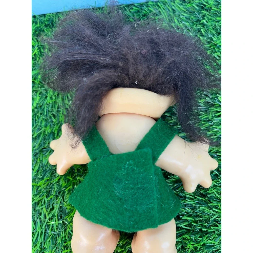 Vintage DAM Troll Doll Dark Brown Hair Green Felt Dress Amber Eyes Thomas Dam