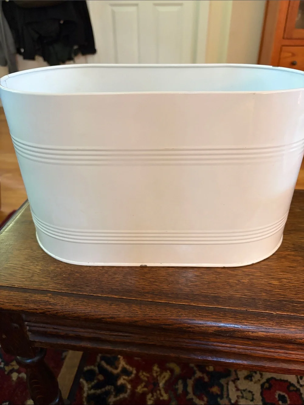 White Enamel Metal Bread Box with Blue Lettering