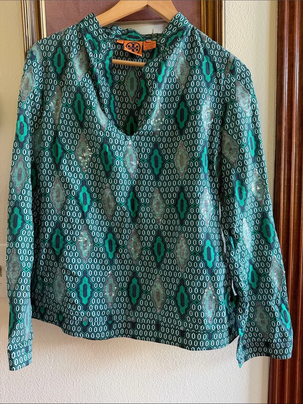 Tory Burch Geometric Notched Neckline Cotton Embellished Blouse
