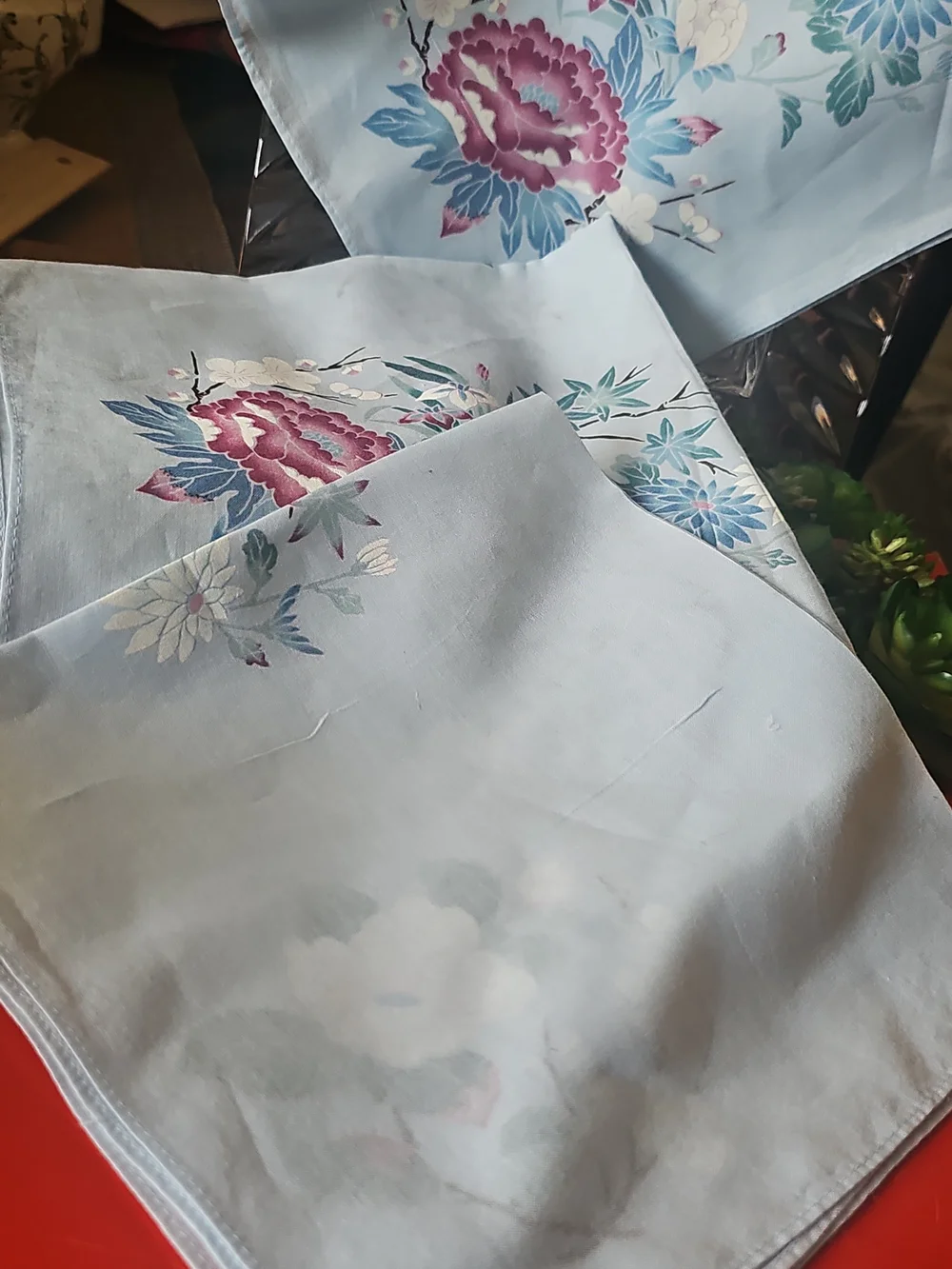 NEW Set 3 Vintage square Handkerchief floral blue pastel (17x17