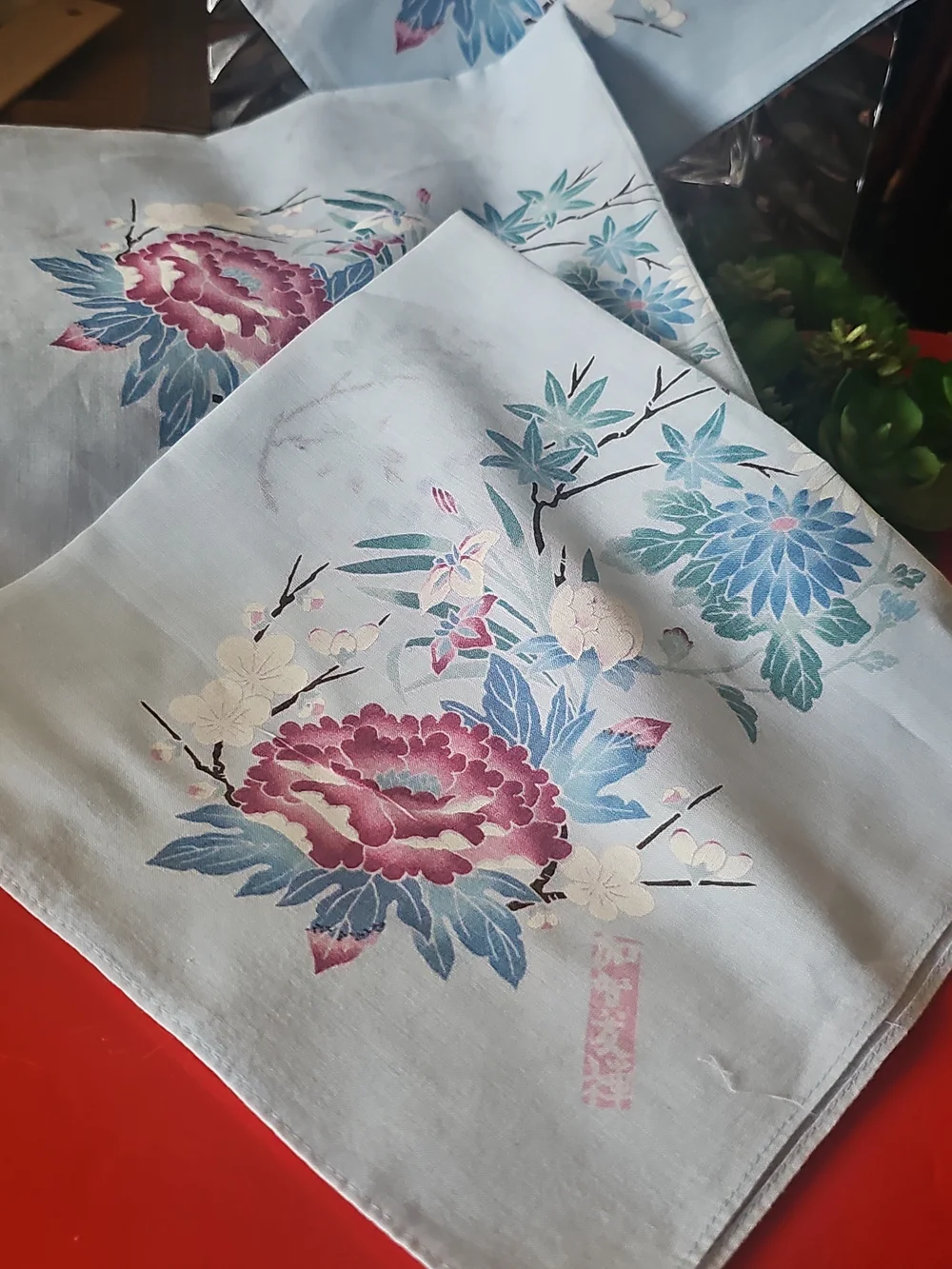 NEW Set 3 Vintage square Handkerchief floral blue pastel (17x17