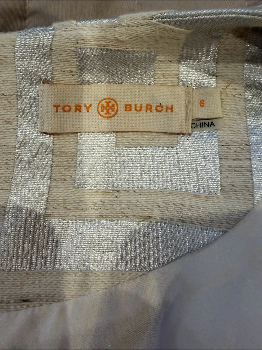 Tory Burch Cream Sleeveless Dress with Silver Greek Key Geometric Print