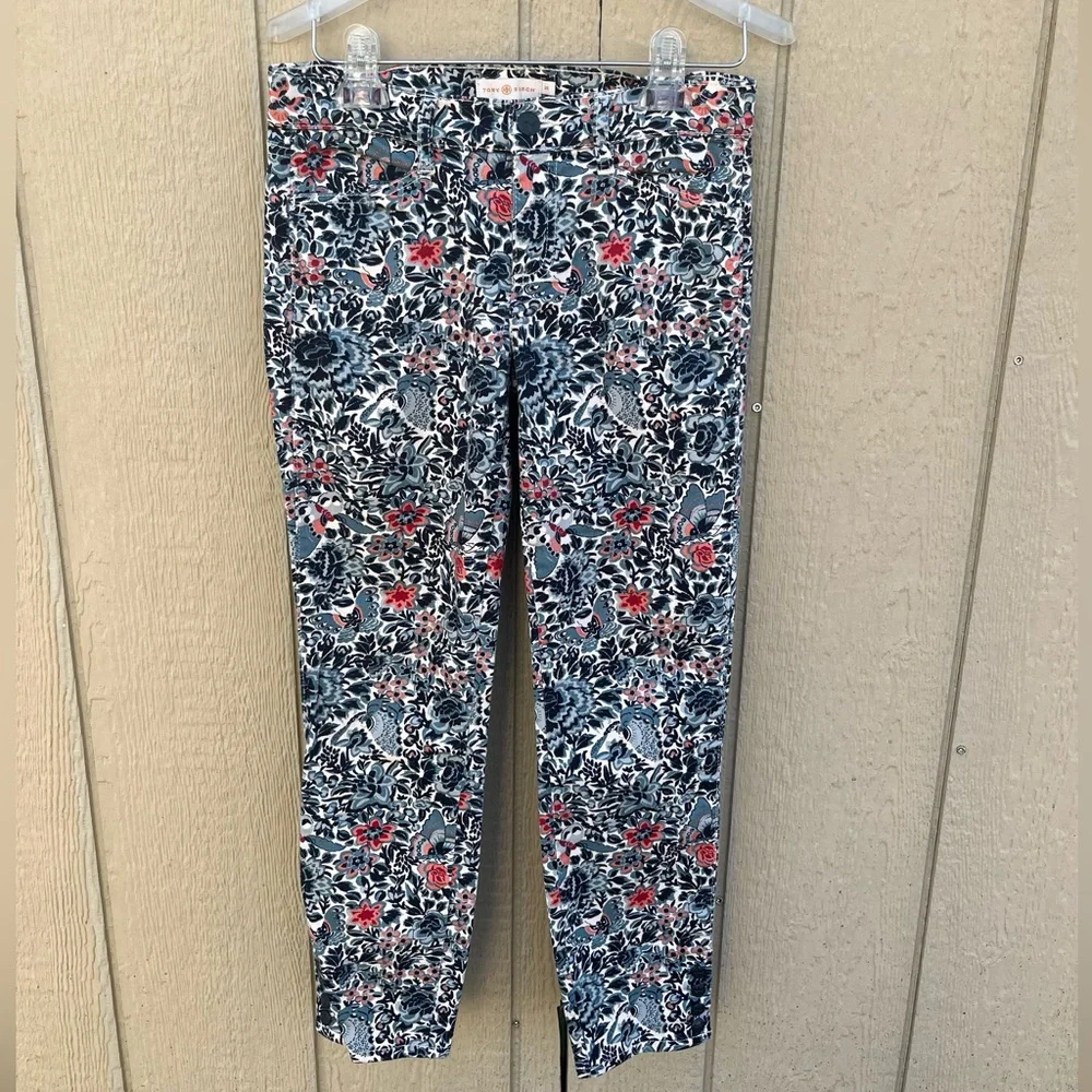 Tory Burch Emmy Ankle Skinny Jeans Blue‎ Lake Kyoto Floral Print Size 26