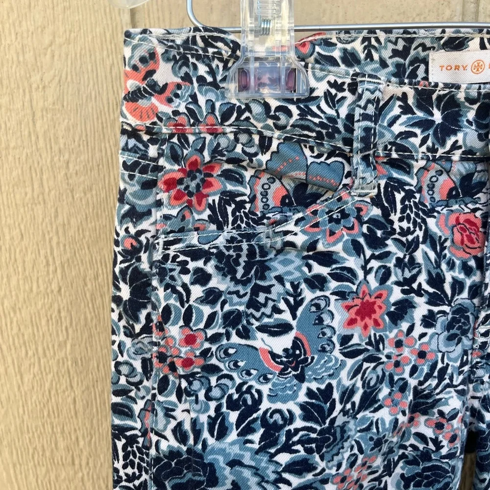 Tory Burch Emmy Ankle Skinny Jeans Blue‎ Lake Kyoto Floral Print Size 26