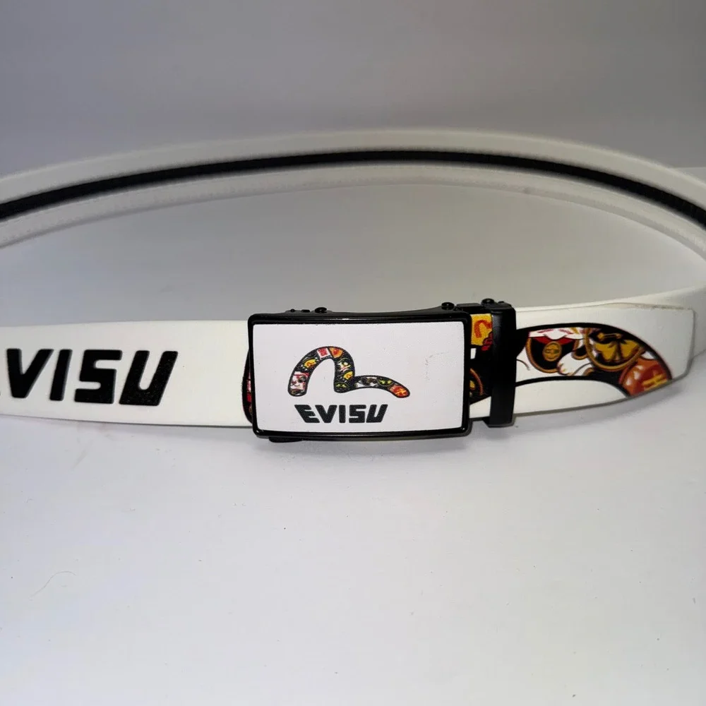 Evisu Ratchet Belt Mens One Size White Japanese Graphic Seagull Logo Buckle