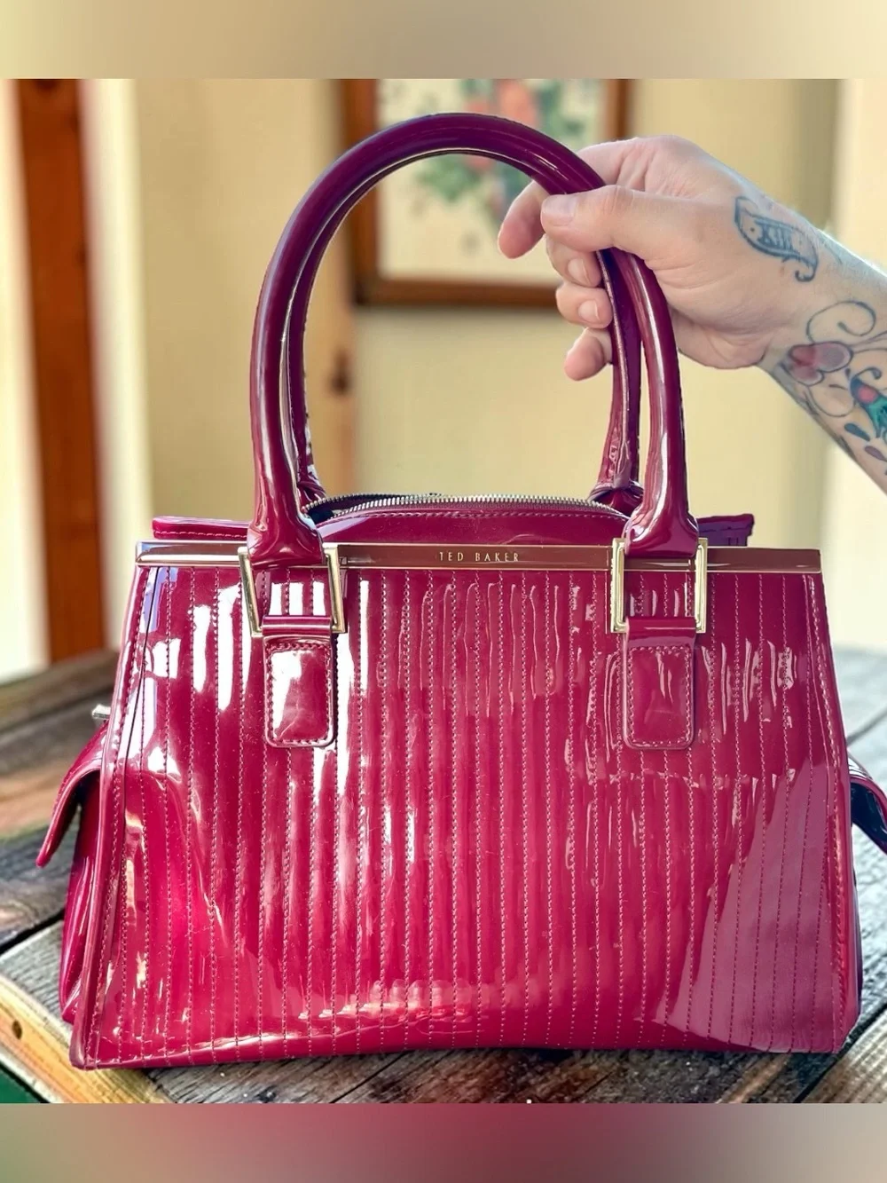 Ted Baker London burgundy French bulldog structured patent leather handbag