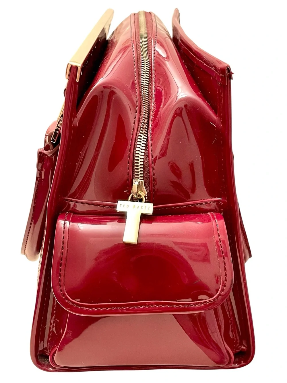 Ted Baker London burgundy French bulldog structured patent leather handbag