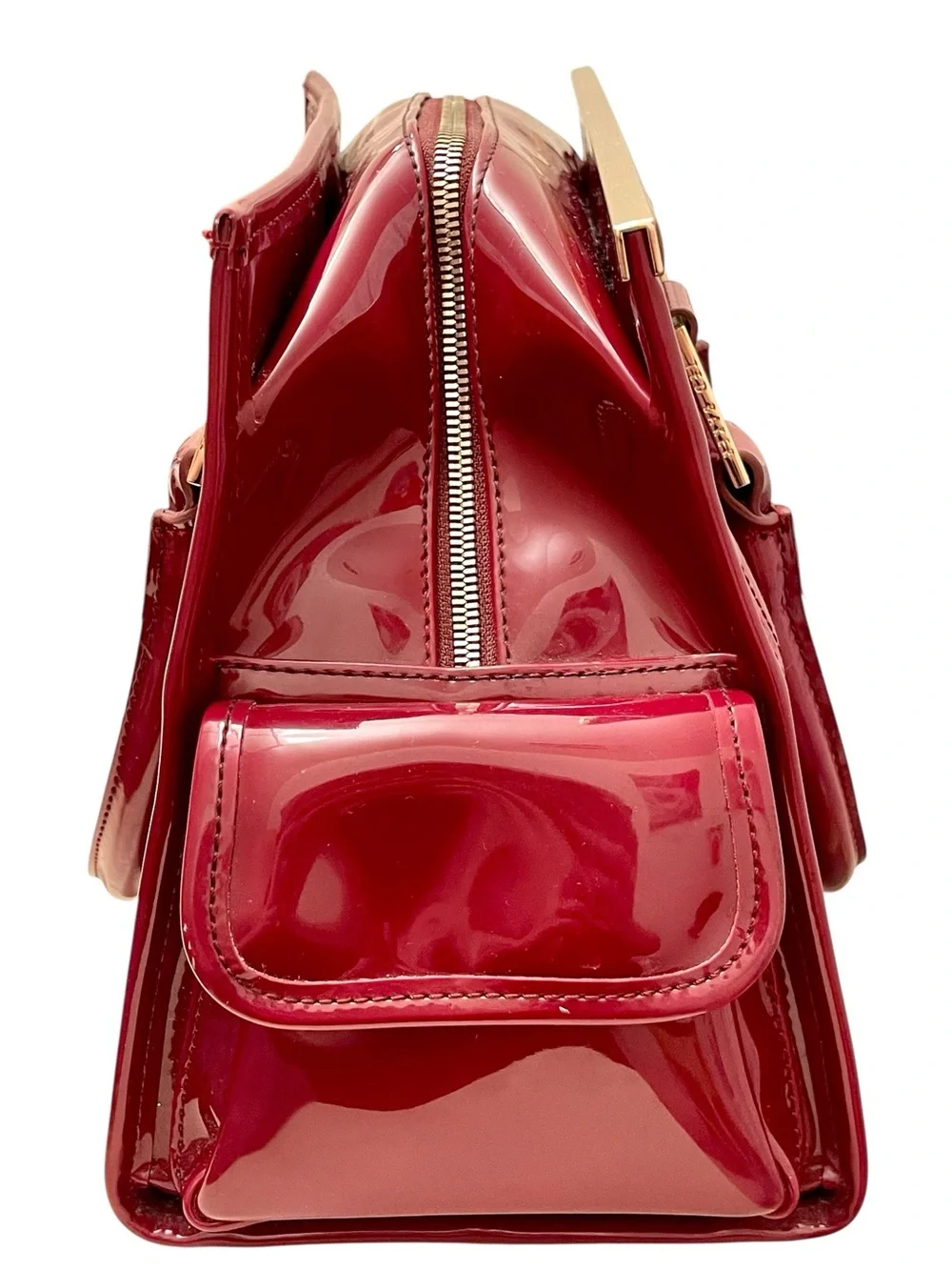 Ted Baker London burgundy French bulldog structured patent leather handbag