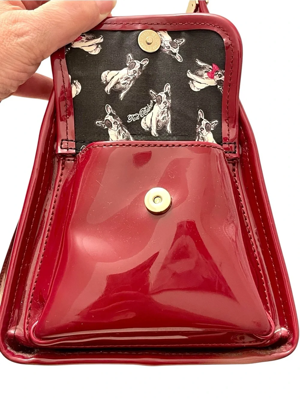 Ted Baker London burgundy French bulldog structured patent leather handbag