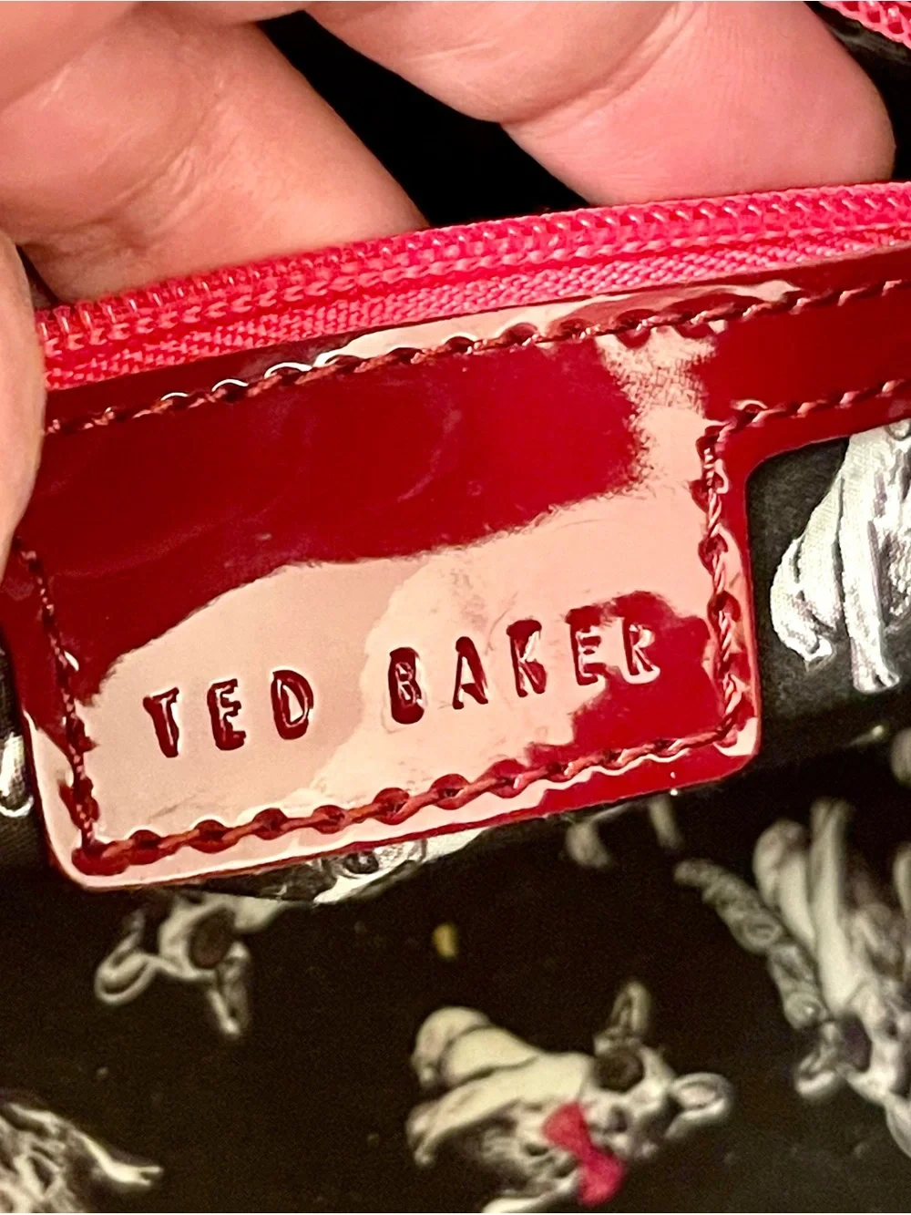 Ted Baker London burgundy French bulldog structured patent leather handbag