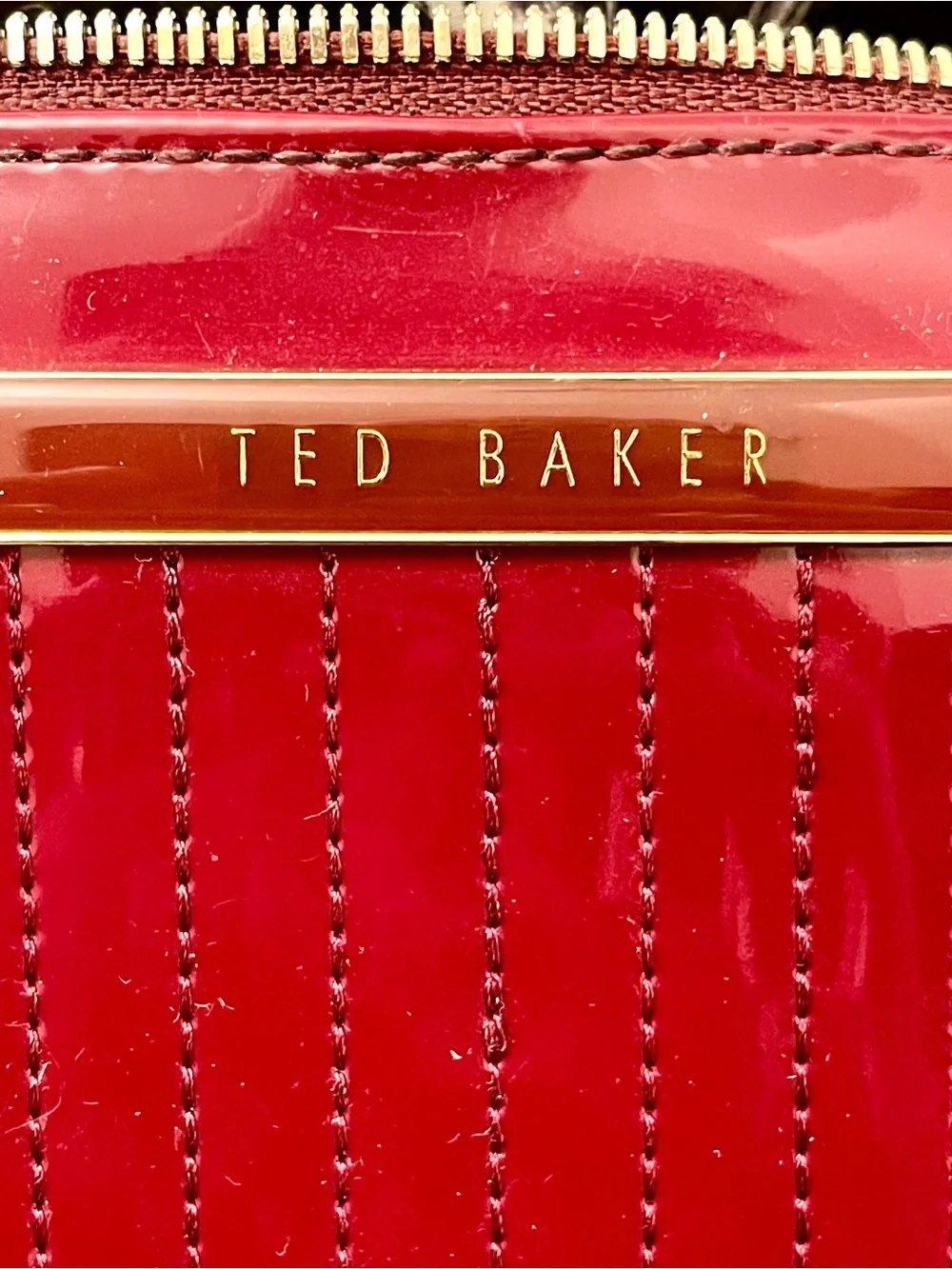 Ted Baker London burgundy French bulldog structured patent leather handbag