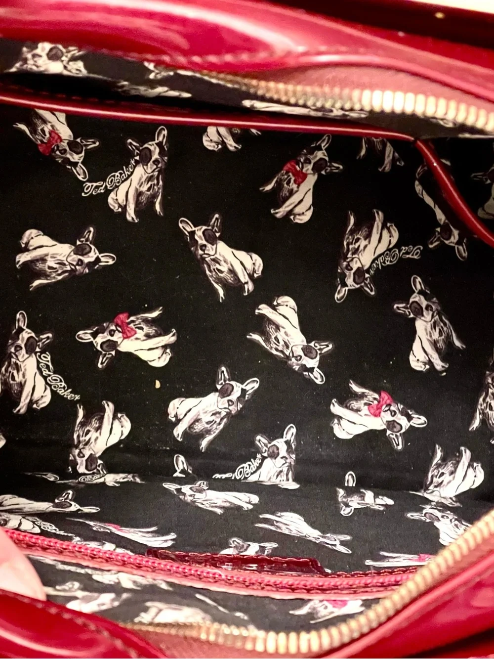 Ted Baker London burgundy French bulldog structured patent leather handbag