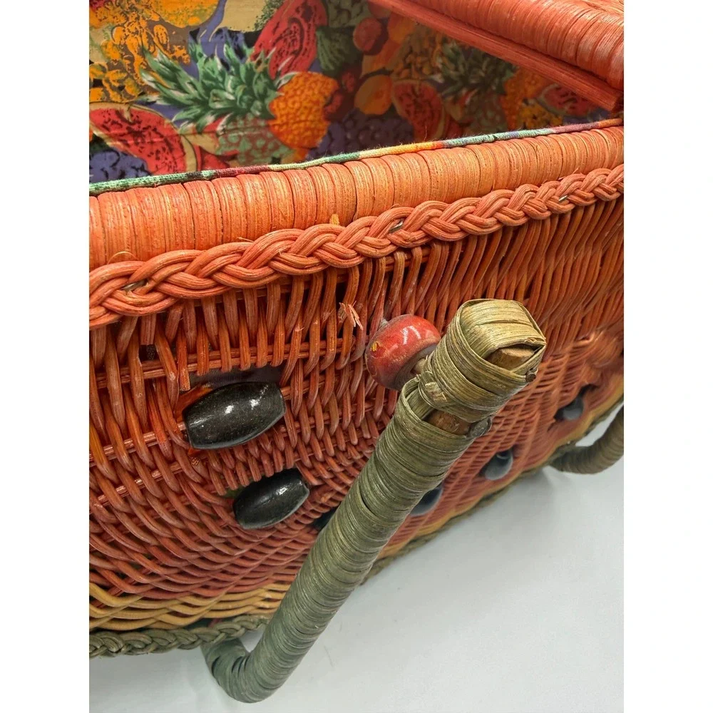 Vintage Wicker Watermelon Picnic Basket Fruit Print Lining Summer Tote Bag
